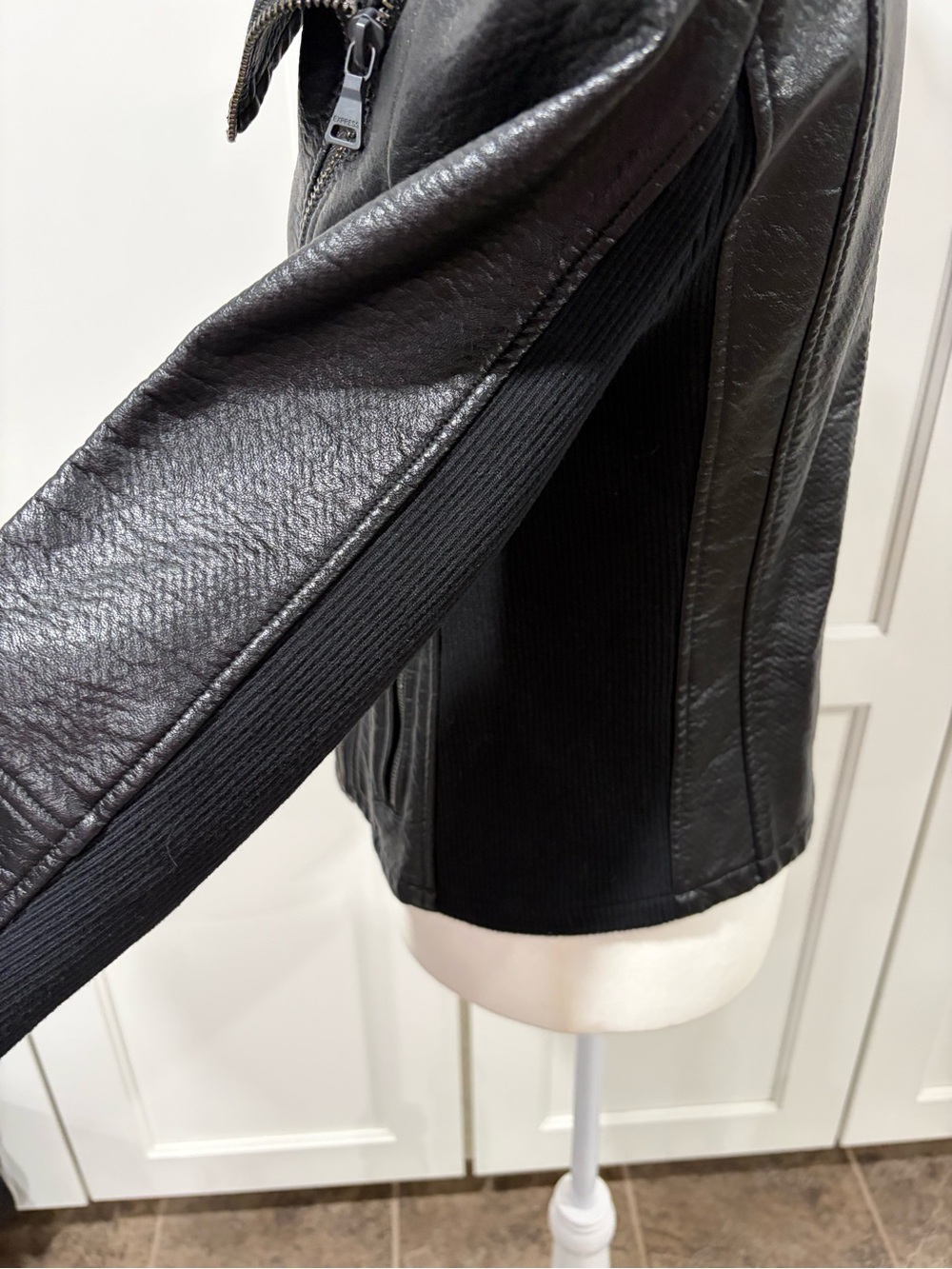 Express Black Faux-Leather Moto Jacket with Light Gray Shawl Collar - Picture 7 of 9